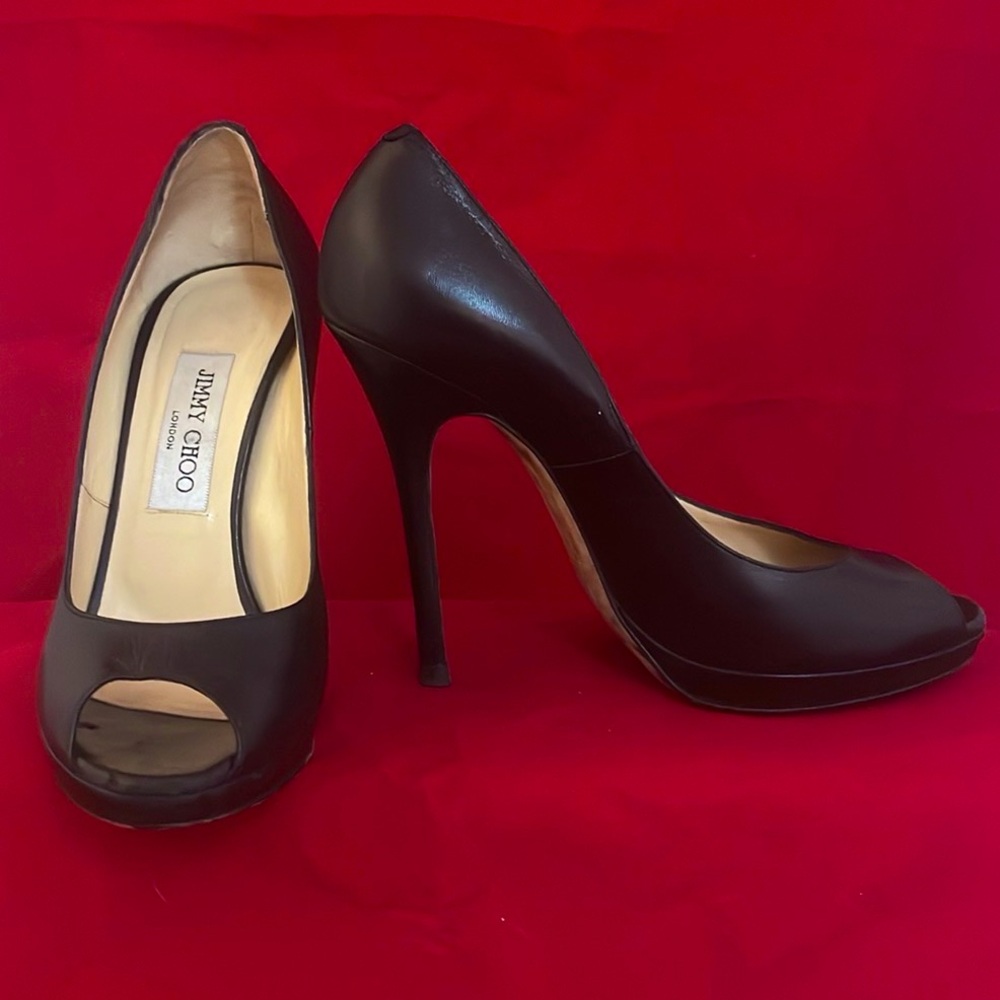 JIMMY CHOO Elegant Black Peep Toe Heels Authentic, Made in Italy